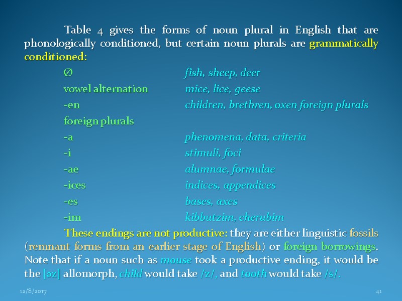 Table 4 gives the forms of noun plural in English that are phonologically conditioned,